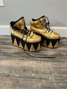 YRU Gold Holographic Platform Lace-Up Boots with Black Accents